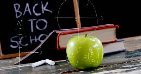 Back to School Concept with Apple, Books and Chalkboard