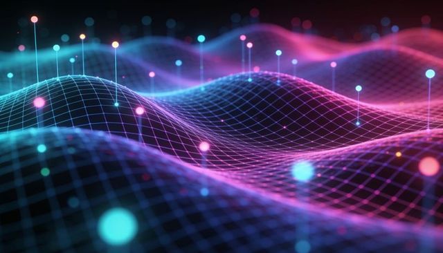 Neon wireframe waves rising across virtual grid with glowing nodes and futuristic glow