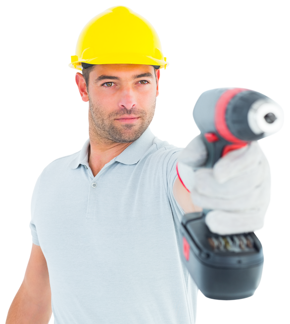 Handyman Holding Power Drill Transparent Background Wearing Yellow Hard Hat - Download Free Stock Videos Pikwizard.com