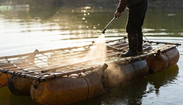 Man spraying bamboo-framed raft with pressure washer on calm river during golden hour