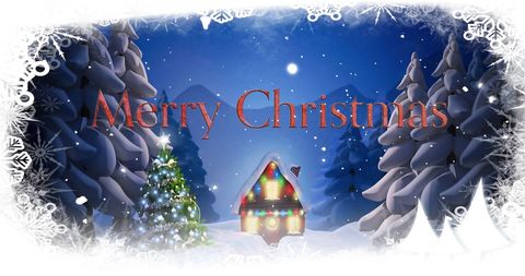 Merry Christmas Text on Winter Scene with Festive Cottage - Download Free Stock Images Pikwizard.com