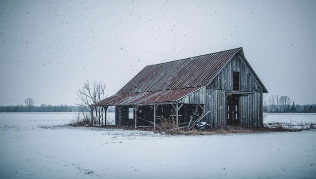 Weathered Barn in Snowy Field with Rusted Metal Roof and Open Doors During Snowfall