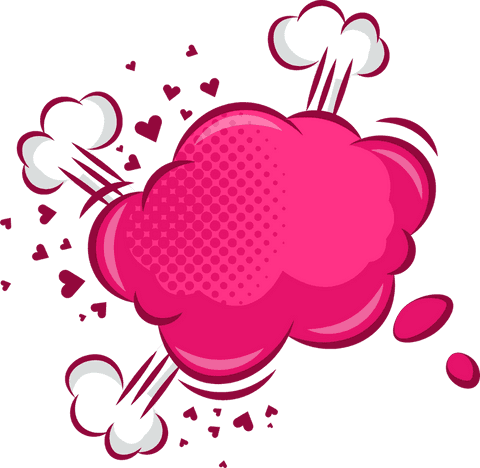 Pink comic style cloud explosion with hearts on transparent background