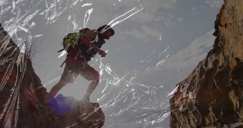 Hiker Brave Canyon Leap Facing Wilderness Challenge