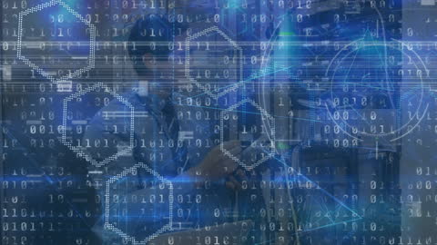 IT Technician Analyzing Server with Binary Code Overlay