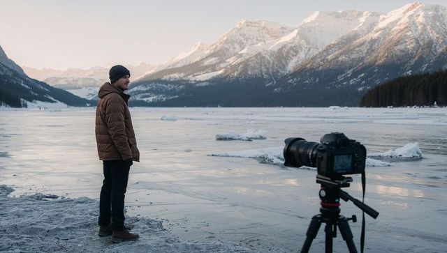 Photographer standing on frozen lake at sunrise with dslr on tripod and mountain backdrop