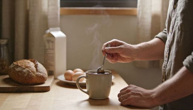 Stirring morning coffee in ceramic mug with rustic bread and eggs on wooden counter