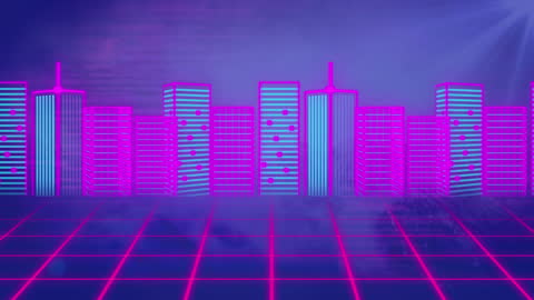 Futuristic Cityscape with Digital Grid and Neon Lights