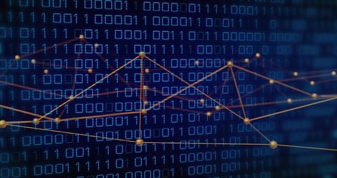 Binary code with network nodes on blue digital background