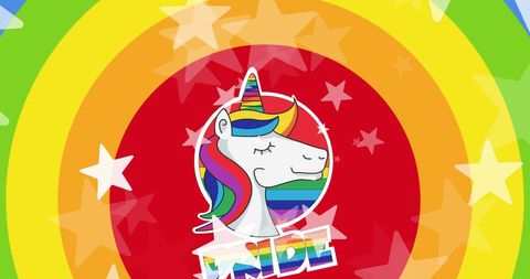Rainbow unicorn with stars on pride background