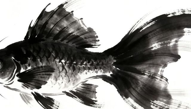 Flowing monochrome sumi-e koi swimming across rice paper, showing expressive brush texture