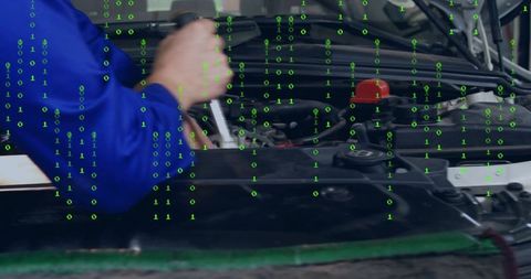 Automotive technician using wrench for engine diagnostics, closeup red filler cap