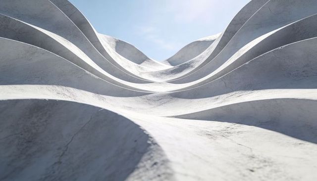 Wavy concrete facade rising toward pale blue sky minimalist sculptural architecture
