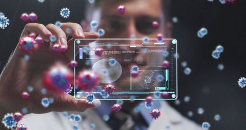 Doctor Holding Futuristic Screen Amid COVID-19 Amidst Viruses - Download Free Stock Images Pikwizard.com