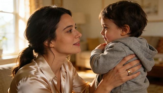 Mother holding toddler close in warm living room, intimate bonding moment, soft sunlight