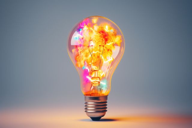 Light bulb with colour explosion on blue background, created using generative ai technology. Light, electricity, energy and explosion concept digitally generated image.