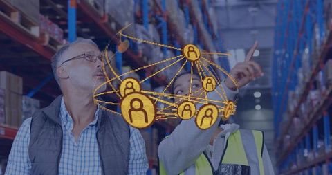 Warehouse team using augmented reality network overlay to guide logistics and inventory