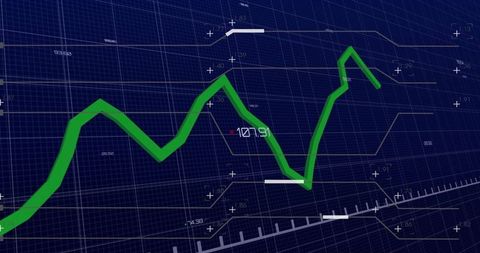 Beveled Green Trend Line Moving Across Dark Blue Grid Showing Market Data Visualization