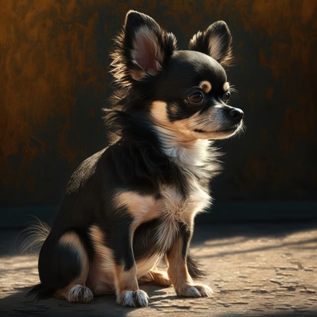 Close up of cute chihuahua dog on dark background, created using generative ai technology. Dog and pet animal concept digitally generated image.