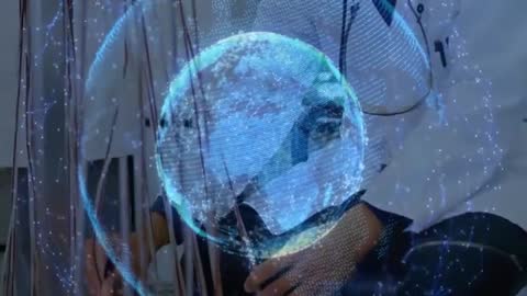 Doctor Interacting with Holographic Globe in High-Tech Lab