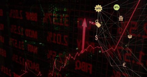 Red financial uptrend chart with network nodes, rising arrow and analytics grid overlay