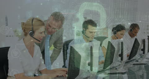 Diverse Customer Support Team with Digital Technology Overlay