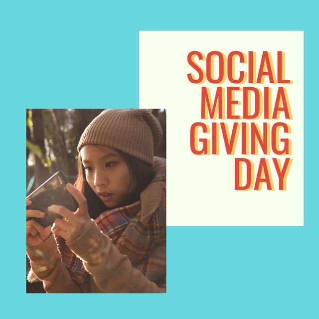 Asian Woman Using Smartphone Promoting Social Media Giving Day Awareness - Download Free Stock Templates Pikwizard.com