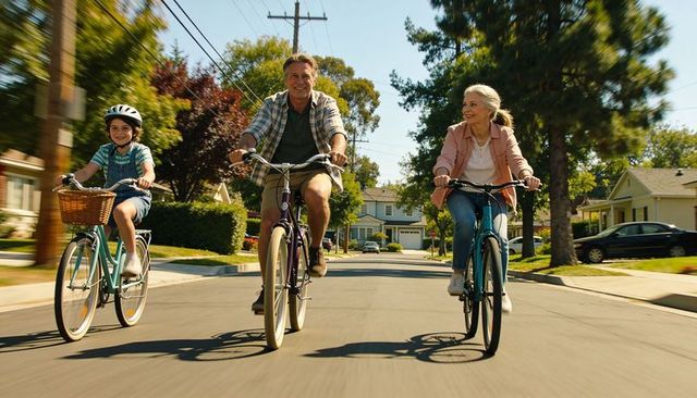 Happy multigenerational family riding bicycles together on sunny suburban street