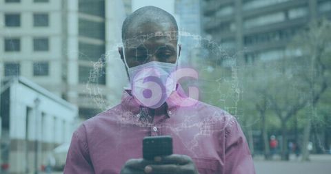 Urban professional using smartphone with 6g holographic visualization