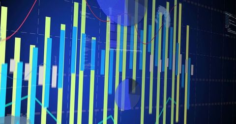 Displaying neon financial bar chart with red trend line on digital analytics dashboard