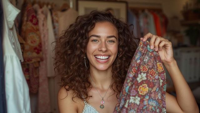 Smiling Woman Holding Colorful Garment in Fashion Boutique