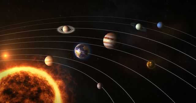 This image displays a planetary alignment in the solar system with the sun and its surrounding planets. It captures the beauty and vastness of space and can be used in educational materials, presentations on astronomy, science blogs, and for raising awareness about planetary science and space exploration.