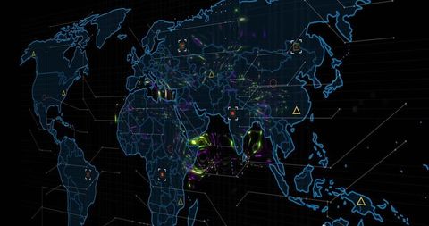Futuristic Neon World Map Illustrating Global Data Connectivity