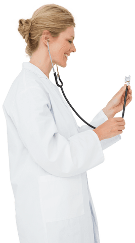 Transparent image of blonde doctor using stethoscope smiling