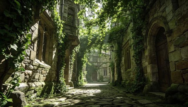Sunlit medieval alleyway with ivy-clad stonework and arched wooden doors