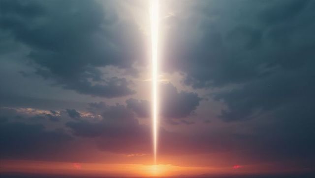 Mysterious light beam piercing dusk clouds and horizon