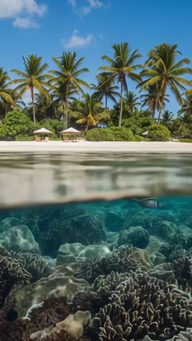 Vertical video of reef fish gliding over coral reef with palm huts mirrored on shoreline