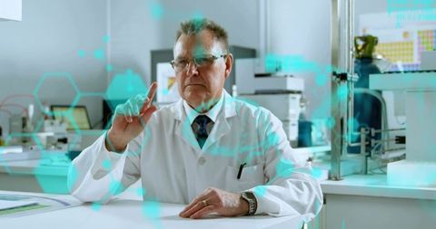 Scientist Analyzing Digital Data Overlay in Lab