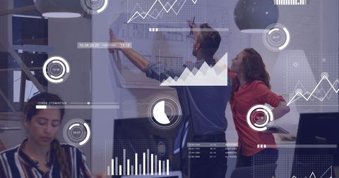 Business professionals analyzing data on glass screen overlay