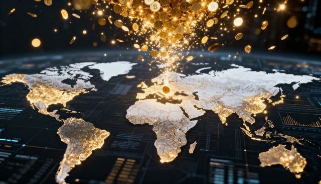 Golden cryptocurrency coins cascading over futuristic world map showing global finance