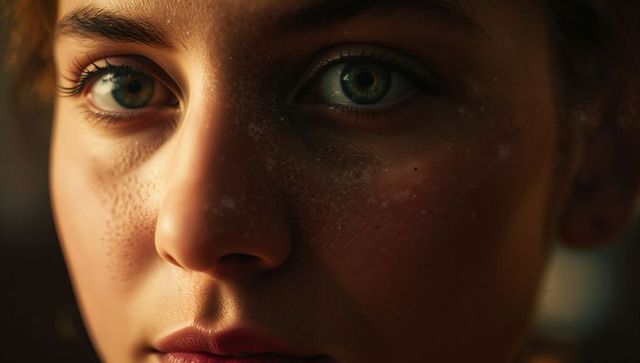 Close-Up Female Portrait with Freckles under Warm Lighting