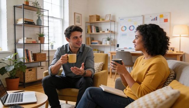 Colleagues Collaborating in Cozy Office Lounge Holding Coffee Mugs and Brainstorming