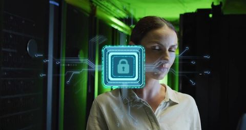 It professional monitoring secure datacenter with holographic lock overlay