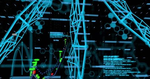 Cyan tubular lattice and helix nodes visualizing data in holographic cyber dashboard