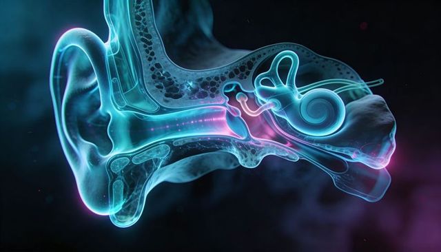 Neon translucent ear anatomy illustrating cochlea, ossicles, vestibule and auditory canal