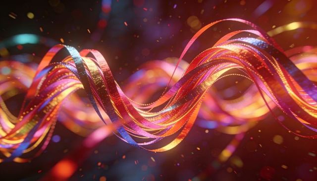 Weaving metallic ribbons flowing through luminous digital void with glowing particles