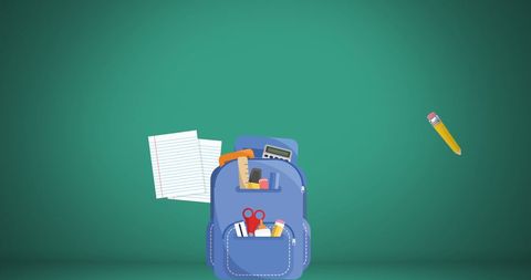 School Supplies in Backpack with Green Background for Education Theme