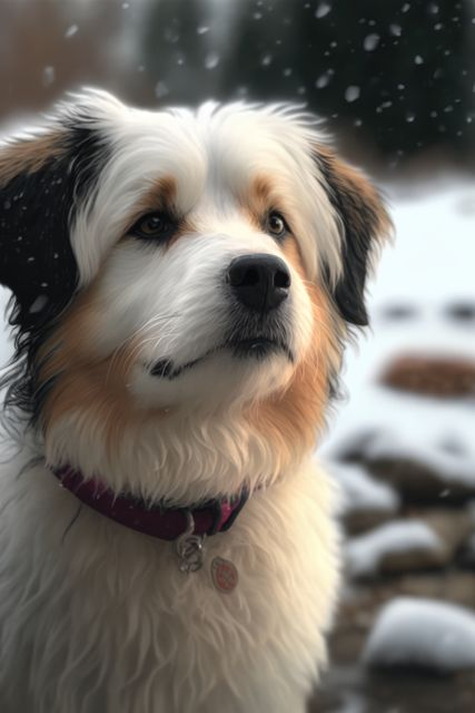 White, black and brown dog with collar created using generative ai technology. Pets, animals and nature concept digitally generated image.