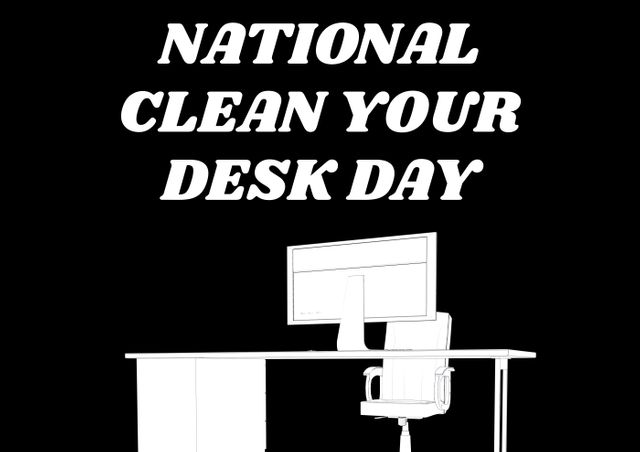 Vector image of national clean your desk day text and computer against black background, copy space. national clean your desk day, business and self awareness concept.
