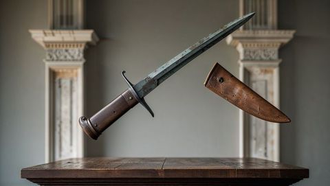 Vintage first world war bayonet and leather sheath hovering over rustic table